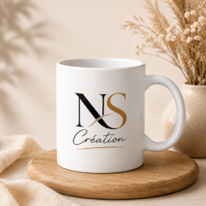 Mug en céramique blanc personnalisable présenté par NS Création
